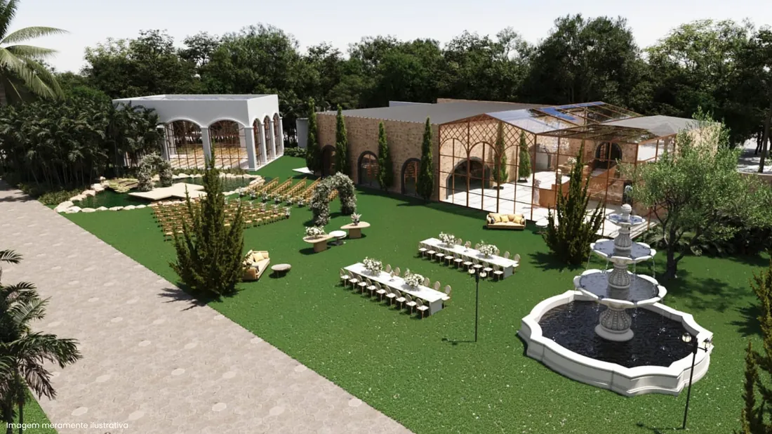 Projeto 3D do jardim com a fonte e o espaço para cerimônia