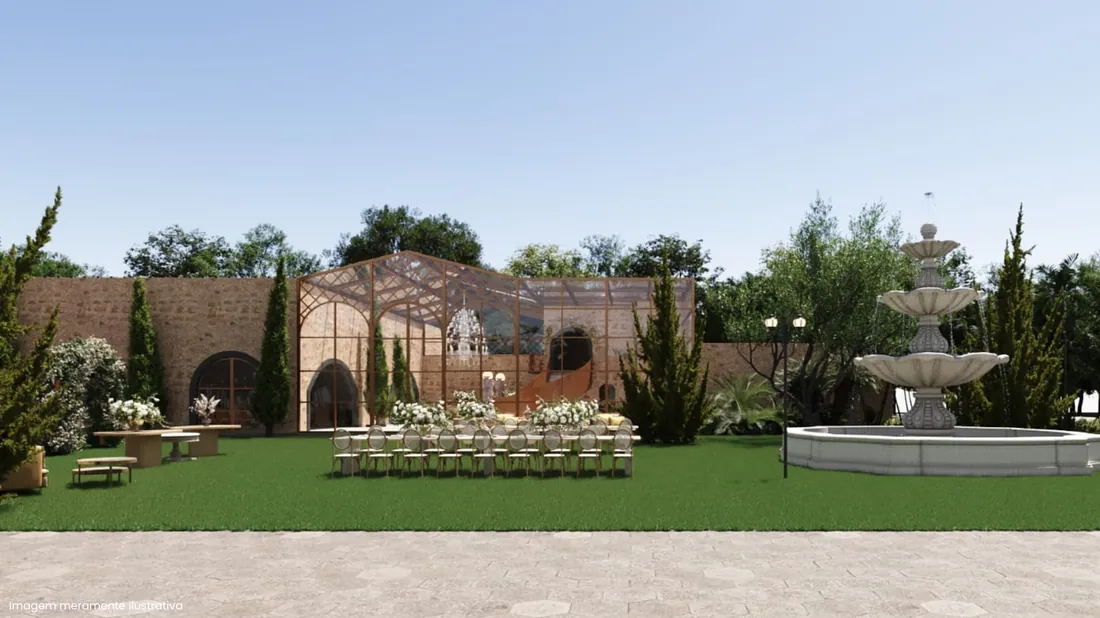 Projeto 3D do jardim europeu com a fonte