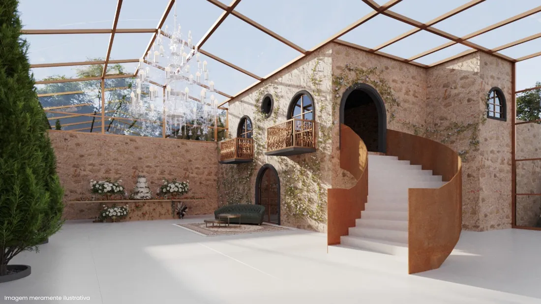 Projeto 3D do espaço envidraçado com a escada da suíte